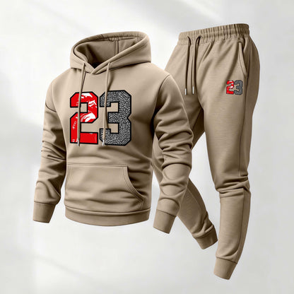 Men's Retro Basketball 23 Patterned Hoodie And Drawstring Track Pants Set, Men's Casual Athletic Long-Sleeved Hooded Jacket And Pants, Suitable For Fall And Winter, Street Style Hoodie Set, Everyday Wear, Indoor And Outdoor Sportswear