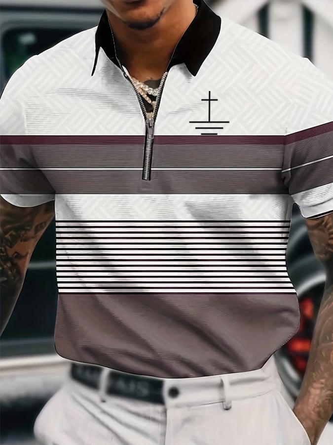 Men's Cross Print Striped POLO Shirt