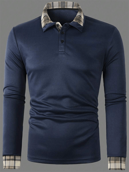 Men's Plaid Business Casual Long Sleeve Polo Shirt
