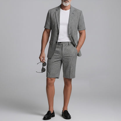 Men's Black Plaid Print Notched Lapel Short Sleeve Blazer & Shorts Business Casual 2Pcs Suit