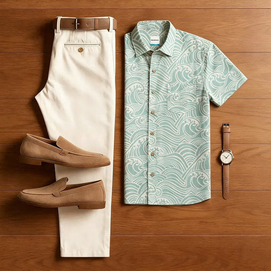 Mint Wave Print Hawaiian Two Piece Suit