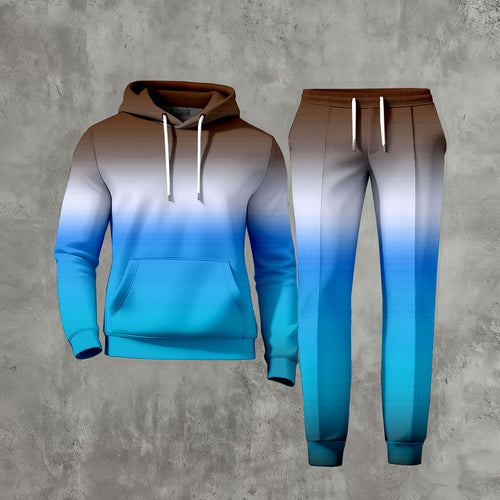 Men's Casual Gradient Color Matching Printed Long-Sleeve Hoodies Sweatshirt & Trousers Two-Piece Set
