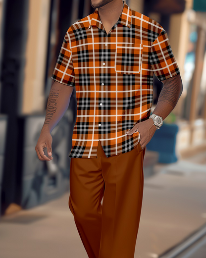 Men's Retro Plaid Colorblock Short Sleeve Shirt Walking Suit 1650