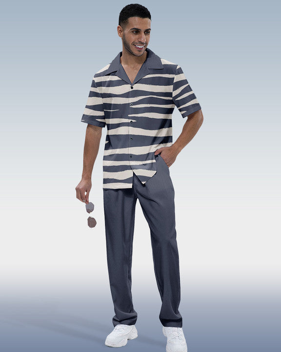 Rianmond Men's Striped Print Short Sleeve Shirt Walking Set 292