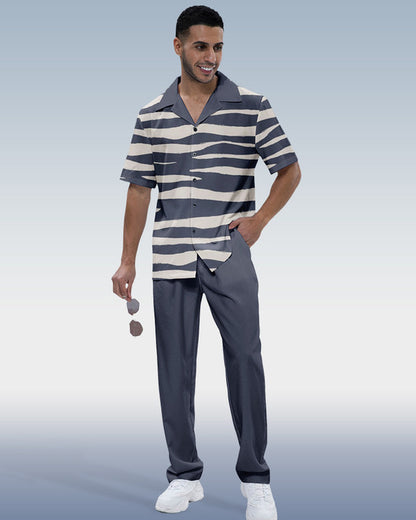 Rianmond Men's Striped Print Short Sleeve Shirt Walking Set 292