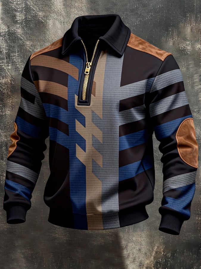 Men's Retro Color Block Print Zipper Sweatshirt