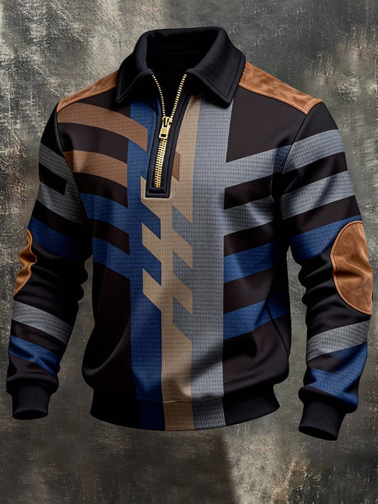 Men's Retro Color Block Print Zipper Sweatshirt