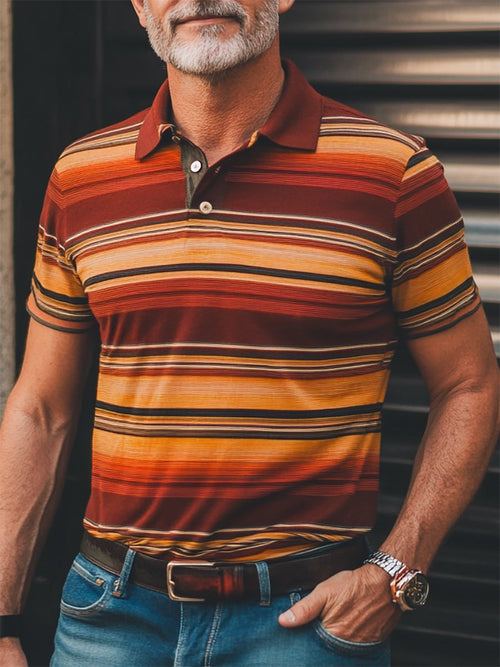 Men's Casual Business Stripe Print Button-Down Short Sleeve Polo Shirt