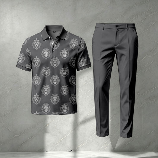Men's Gray Short-Sleeve Polo Shirt and Pants Set
