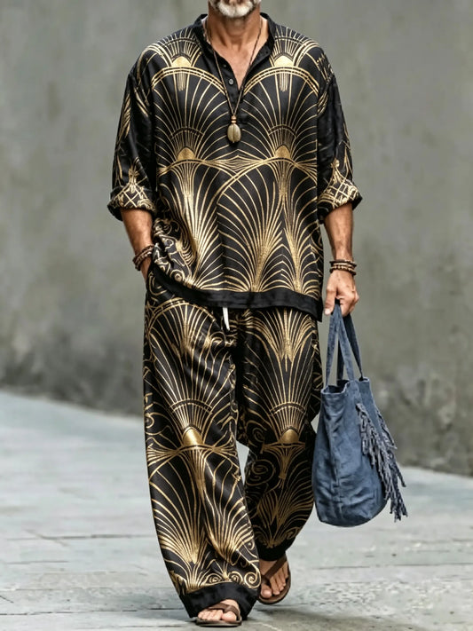 Men's Vintage Abstract Art Printed Cotton Shirt Set (Top & Pants)