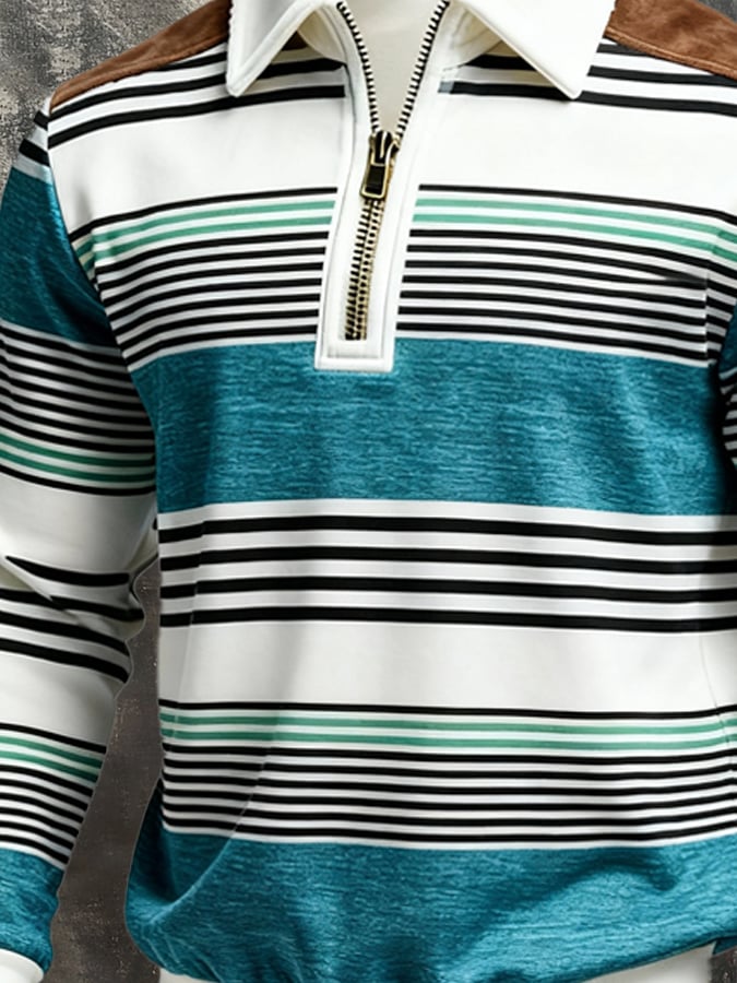 Men's Retro Color Block Print Zipper Sweatshirt