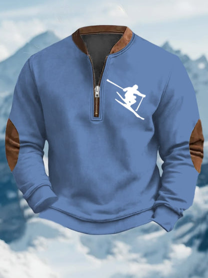 Men's Vintage Apres-Ski Design Printed Zip Collar Sweatshirt