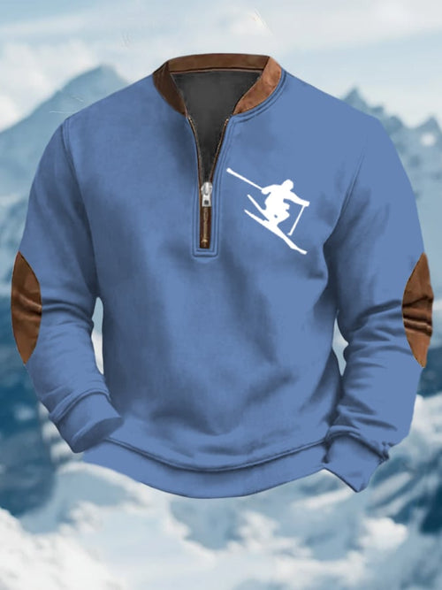 Men's Vintage Apres-Ski Design Printed Zip Collar Sweatshirt