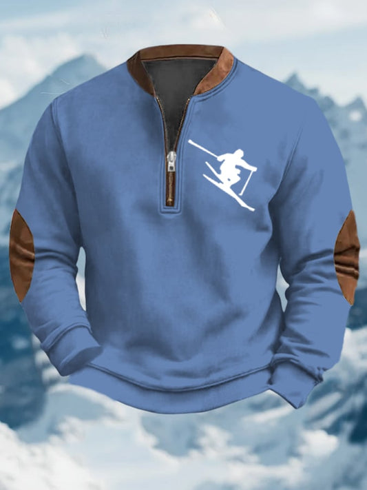 Men's Vintage Apres-Ski Design Printed Zip Collar Sweatshirt