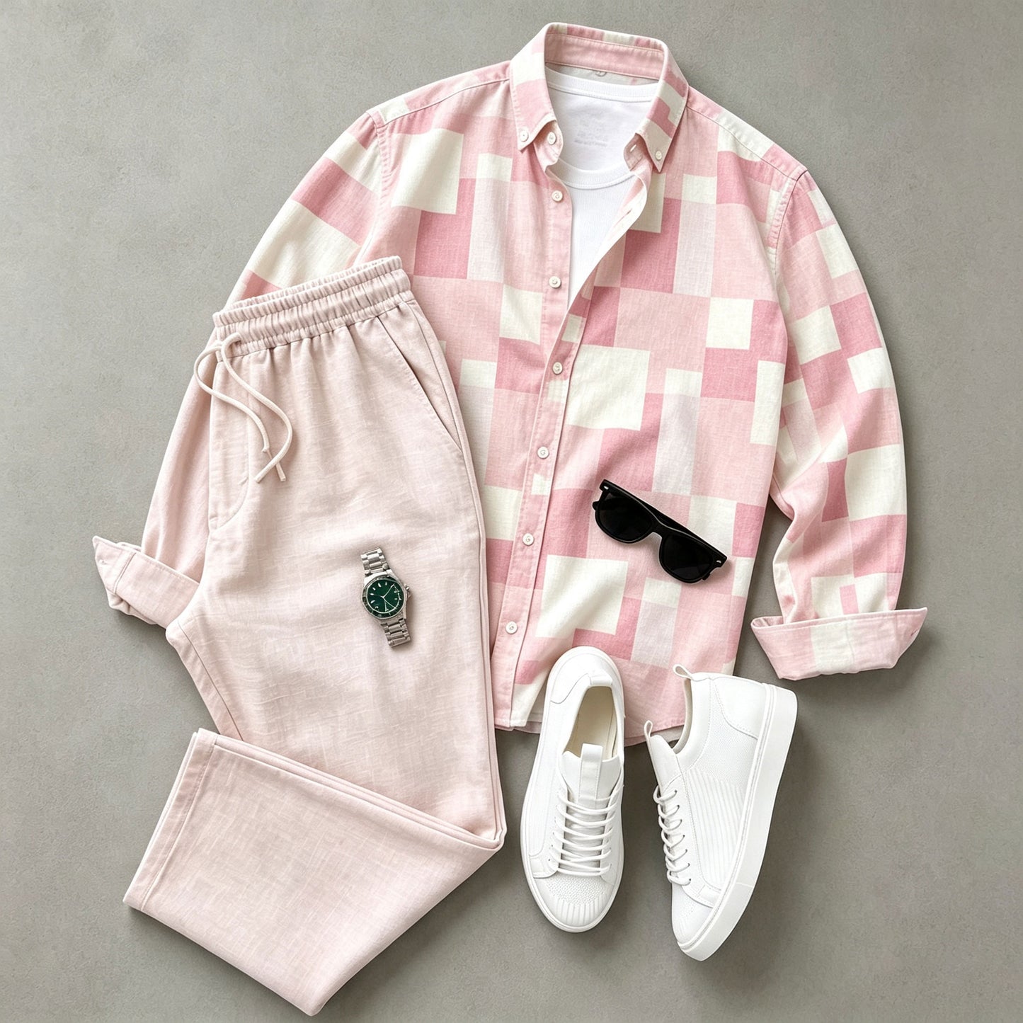 Men's Checkered Long-Sleeve Shirt and Pants Set