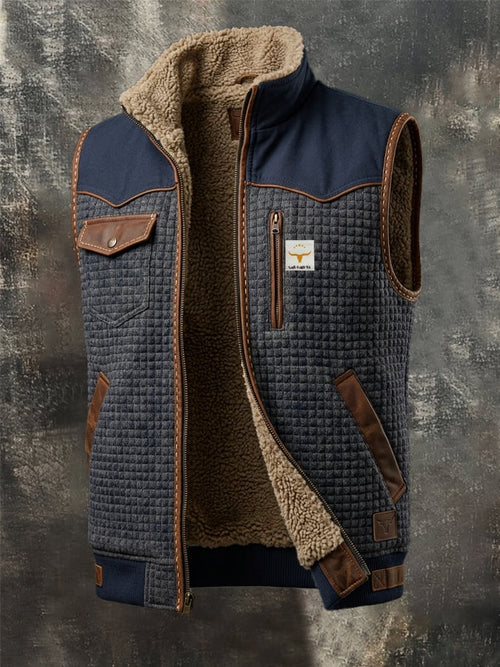 Men's Vintage-Style Textured Jacquard Knit & Leather-Panel Outdoor Warm Hooded Vest