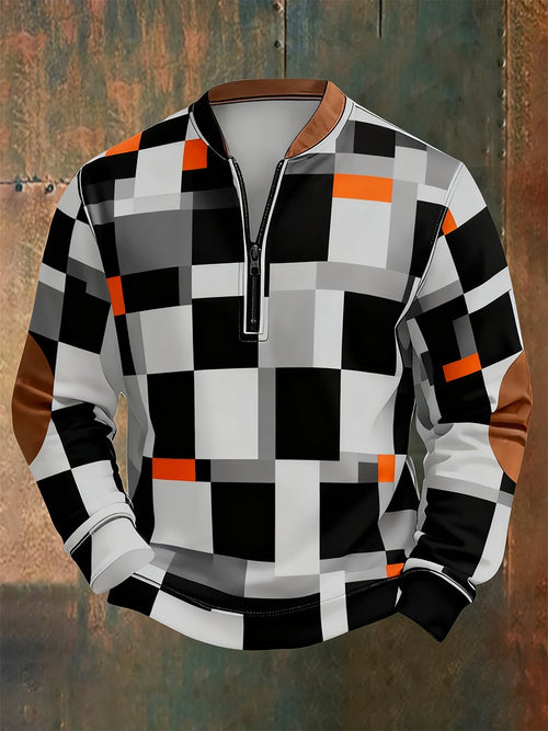 Men's Retro Bauhaus Geometric Style Print Quarter Zip Sweatshirt