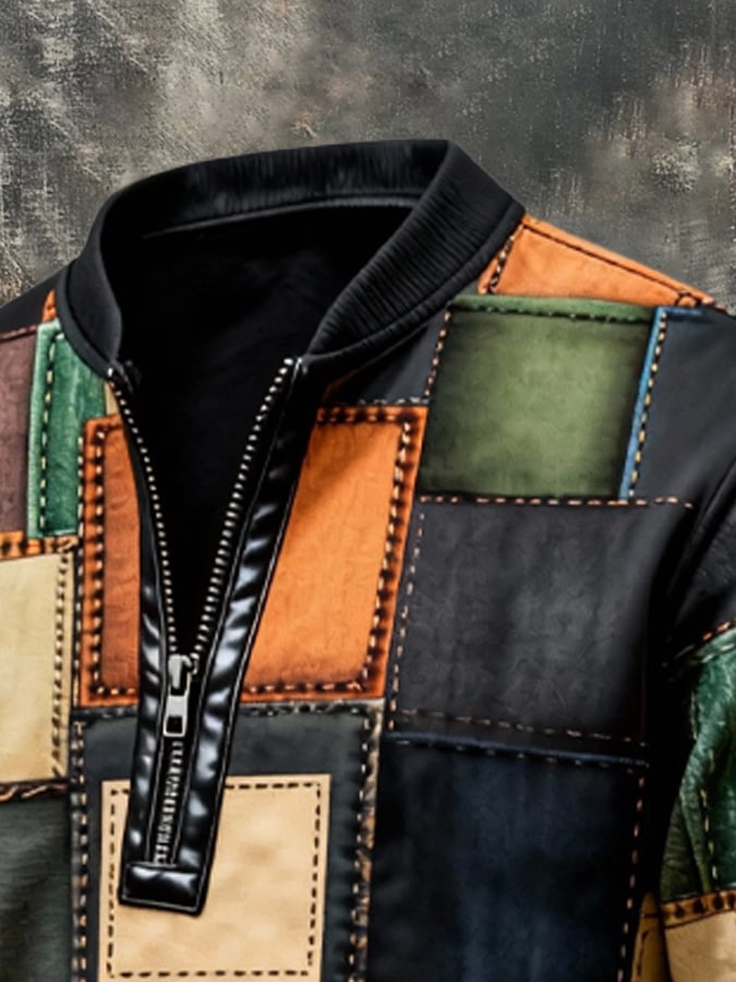 Men's Vintage Color-Block Printed Zip-Up Hoodie