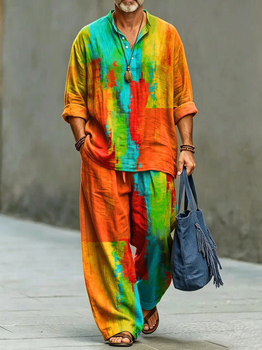 Men's Fashionable Abstract Art Print Cotton Shirt Set