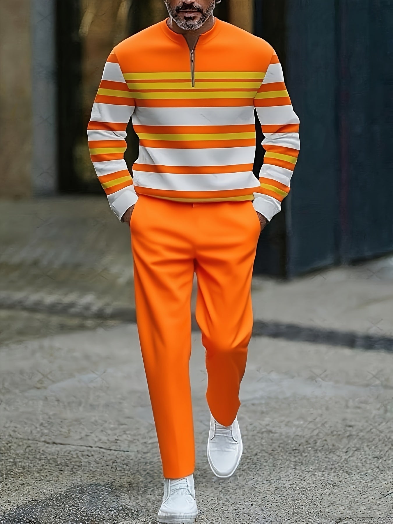 Men's Casual Orange Color Matching Striped Printed Round-Neck Zipper Long Sleeved Tops & Trousers Two-Piece Set