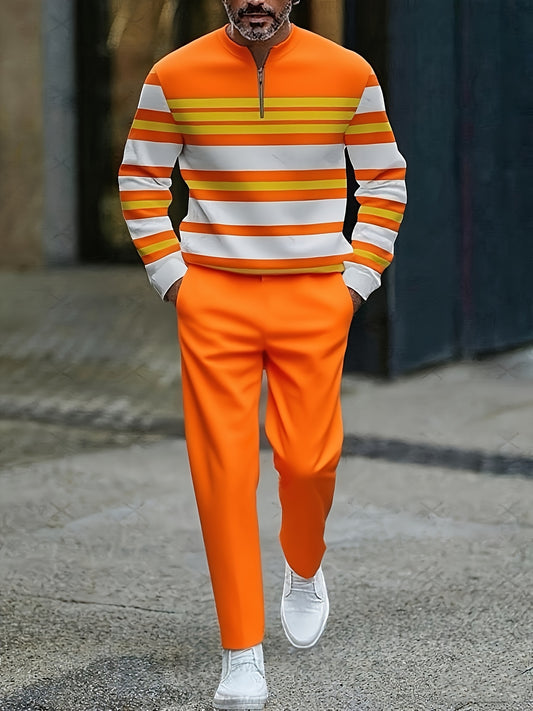 Men's Casual Orange Color Matching Striped Printed Round-Neck Zipper Long Sleeved Tops & Trousers Two-Piece Set