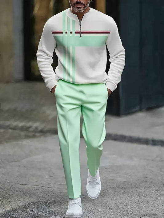 Men's Casual Color Matching Printed Round-Neck Zipper Long Sleeved Trousers Two-Piece Set