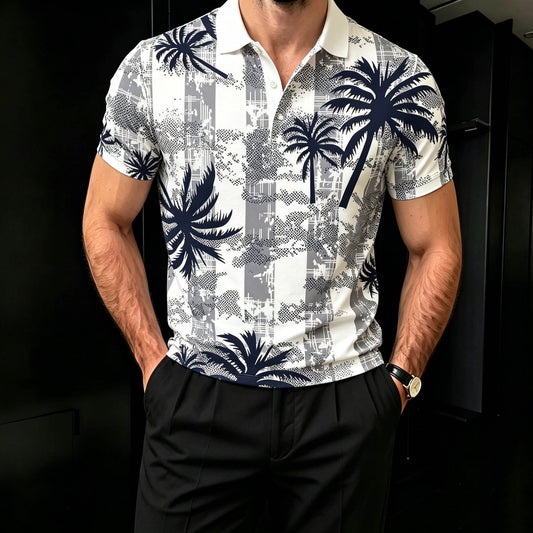 Men's Casual Navy Color Palm Leaves Printed Short Sleeves Polo Shirt