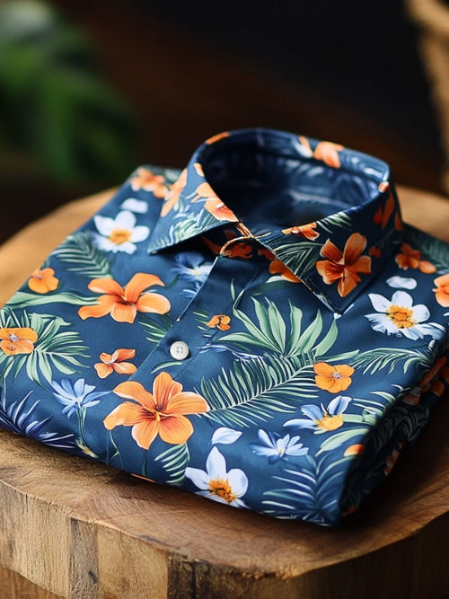 Men's Satin Luxe Hawaiian Print Short Sleeve Button Shirt