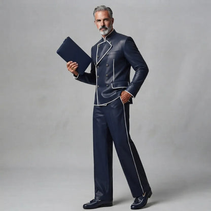Men's Navy Blue PU Leather Stand Collar Contrast Piping Double-Breasted Jacket