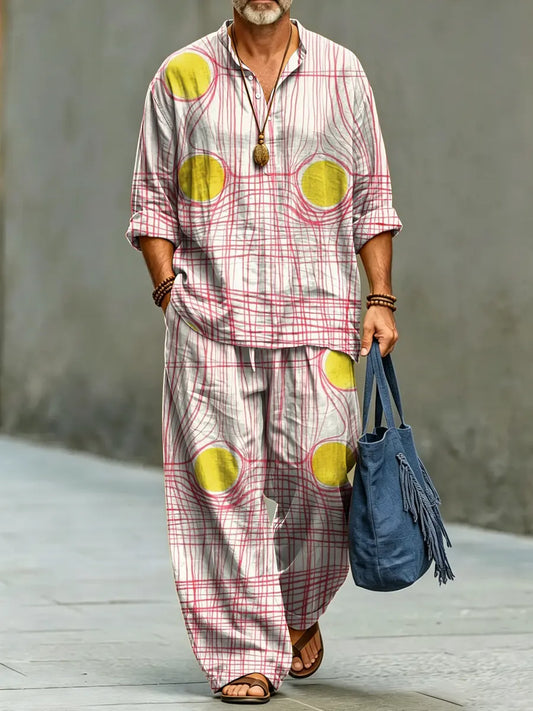 Men's Retro Abstract Texture Print Cotton Shirt Set