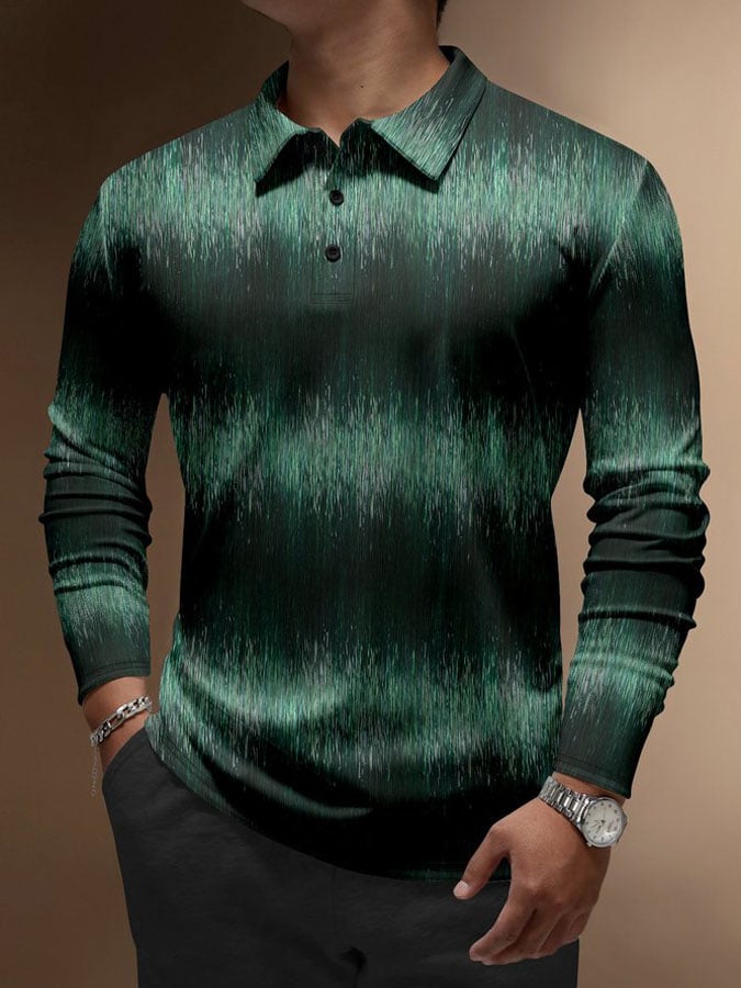Ombre Abstract Button Long Sleeve Casual Polo Shirt