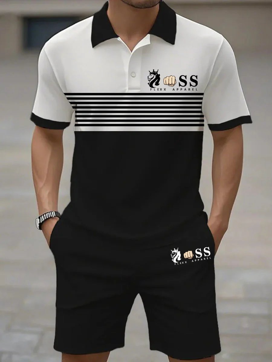 Men's Retro Letter Design Casual Business Short Sleeve Polo Shirt Suit