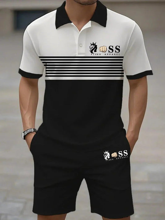 Men's Retro Letter Design Casual Business Short Sleeve Polo Shirt Suit