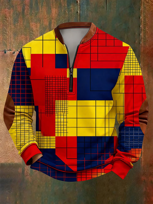Men's Retro Bauhaus Geometric Style Print Quarter Zip Sweatshirt
