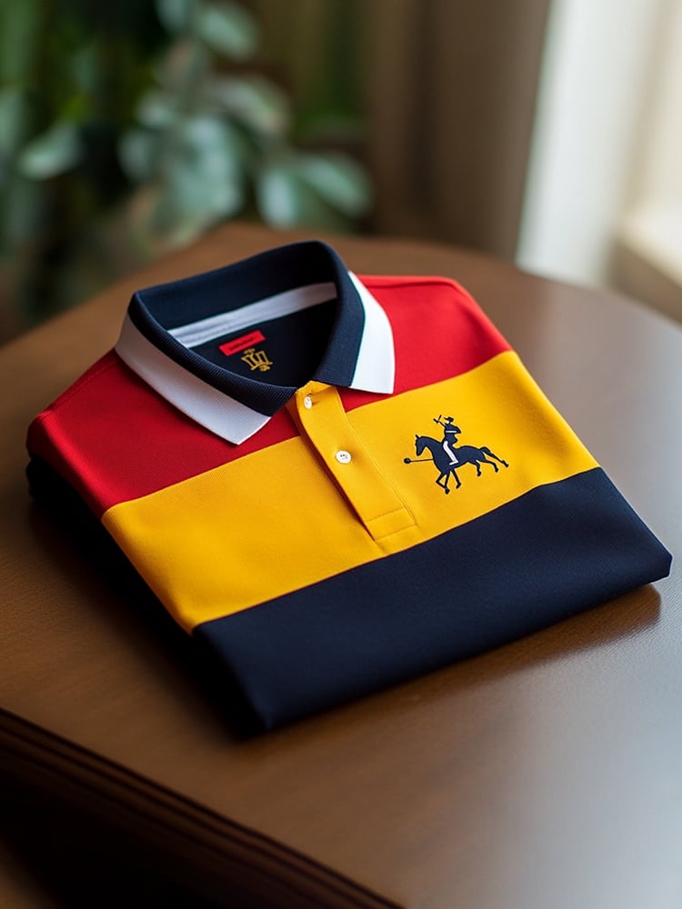 Men's Classic Business Check Logo Button Short Sleeve Polo Shirt