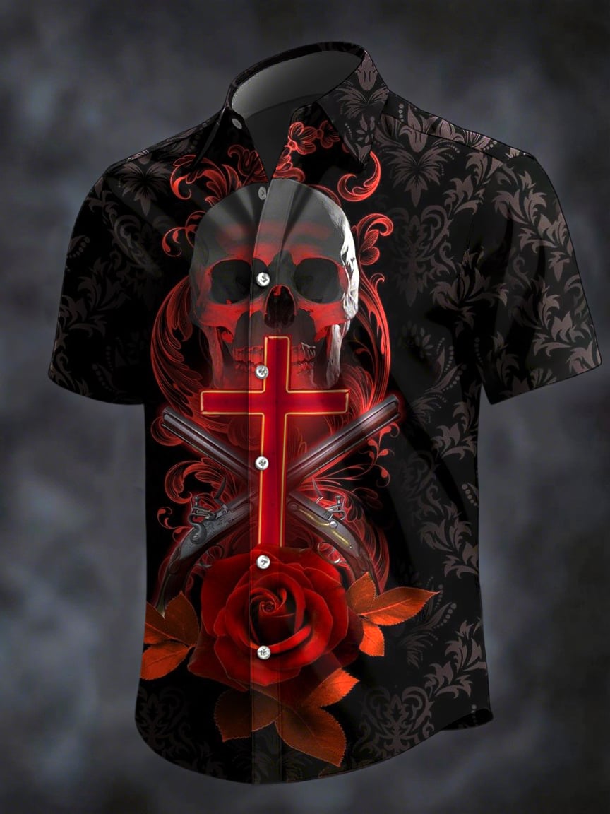 Men's Retro Horror Skull Print Lapel Short Sleeve Shirt