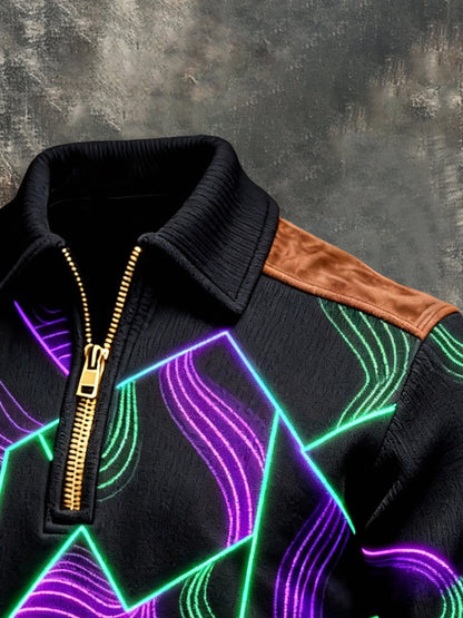 Men's Vintage Color-Block Printed Zip-Up Hoodie