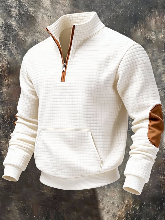 Men's Retro Jacquard Textured Patchwork Comfortable Color-Blocked Zip-Up Sweatshirt