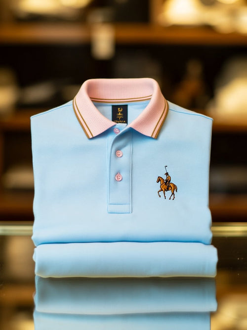 Men's Smart Casual Blue Logo Button Short Sleeve Polo Shirt
