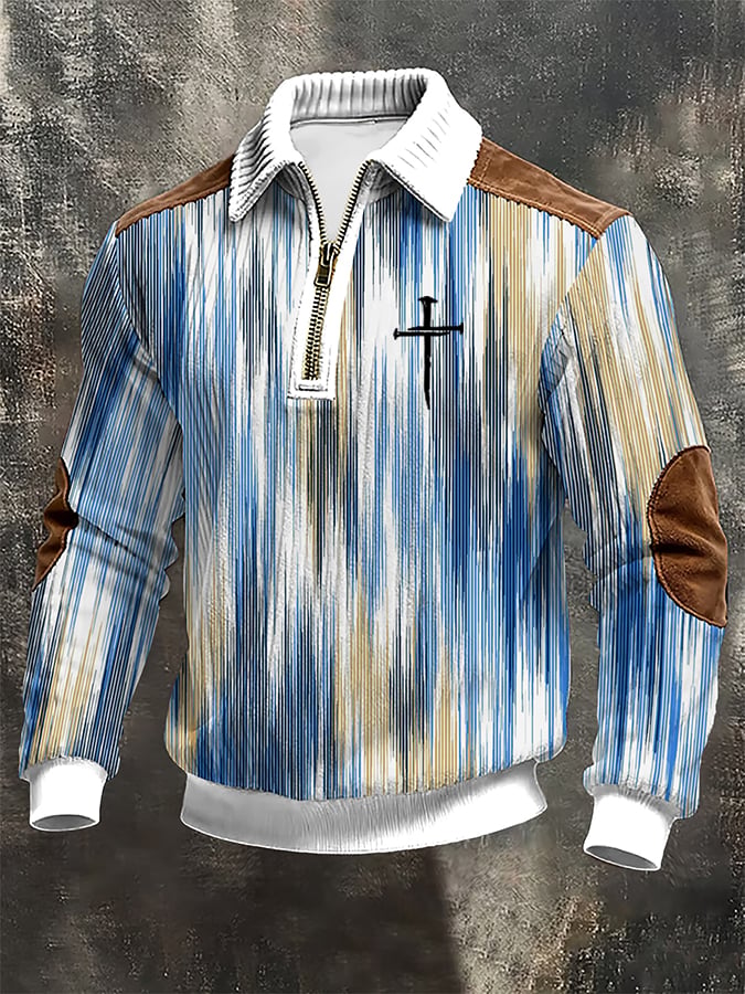 Men's vintage Faith Cross Design Print Casual Zipper Sweatshirt