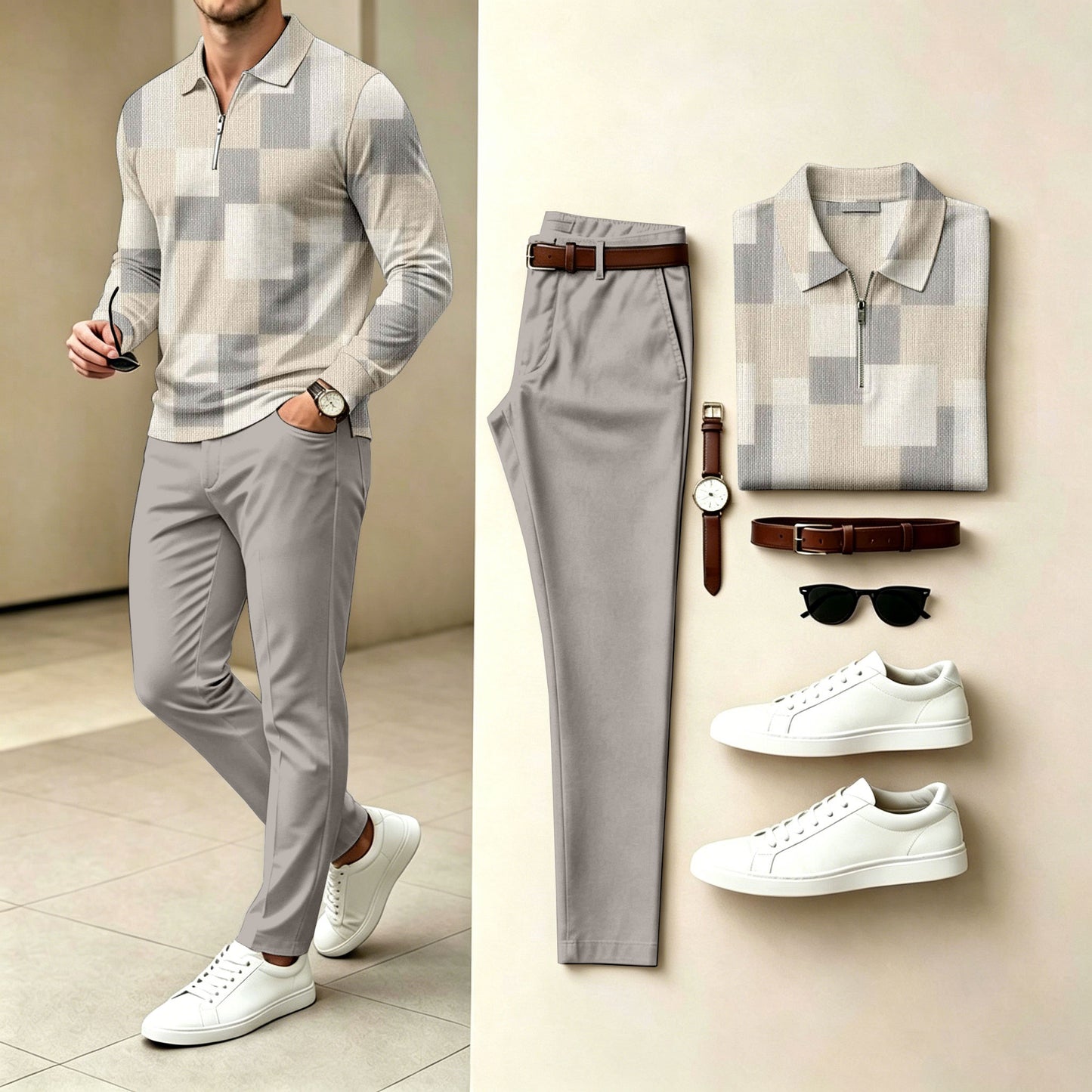 Men's Checkered Polo-Collar Zipper Long-Sleeve Shirt and Pants Two-Piece Set