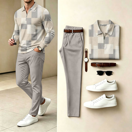 Men's Checkered Polo-Collar Zipper Long-Sleeve Shirt and Pants Two-Piece Set