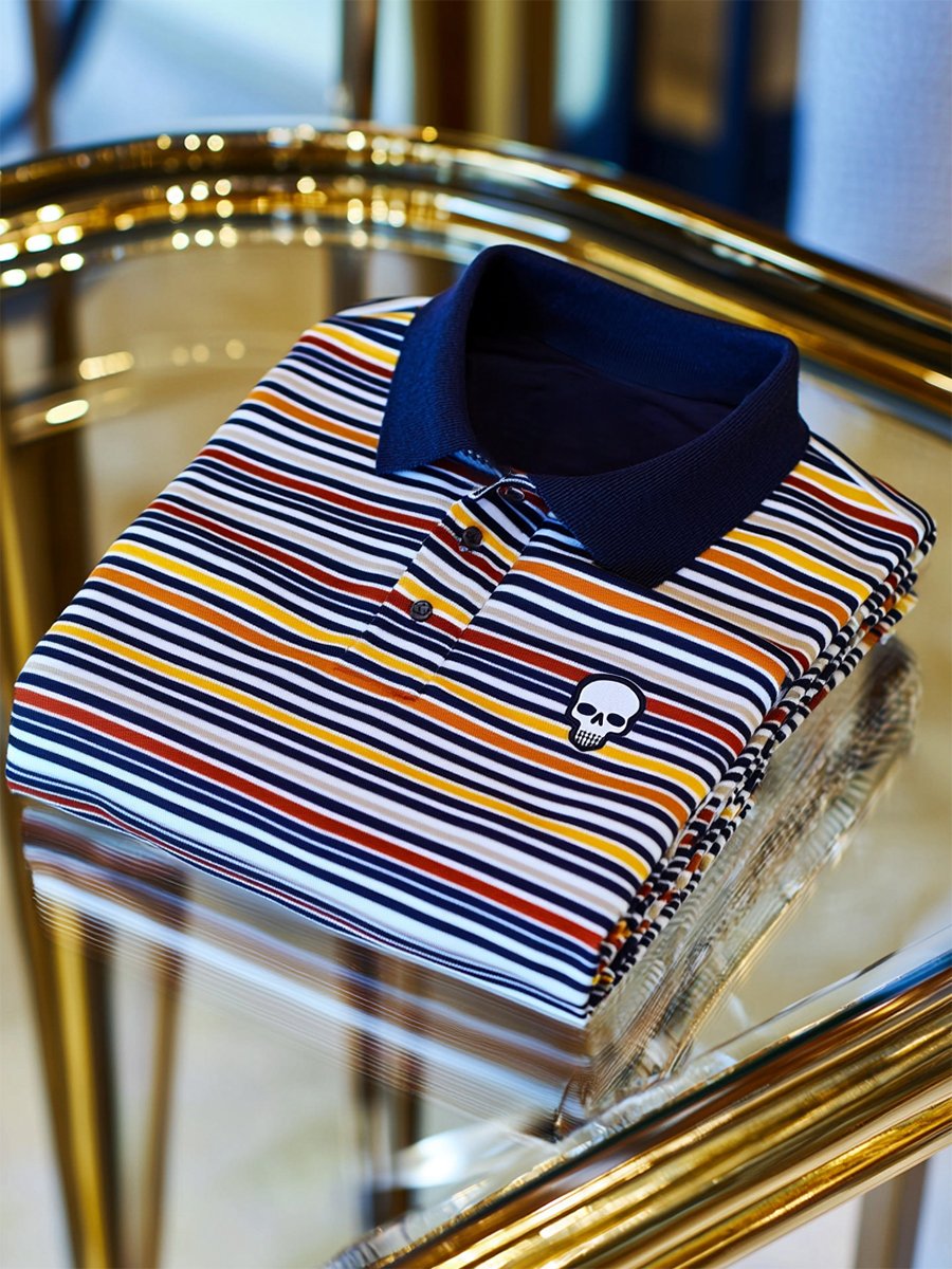 Men's Business Casual Striped Skull Button Short Sleeve Polo Shirt