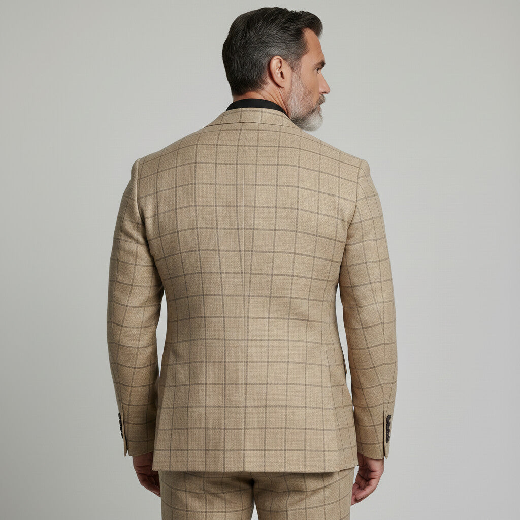Men's Elegant Khaki Plaid Print Contrast Peak Lapel Business Casual Blazer