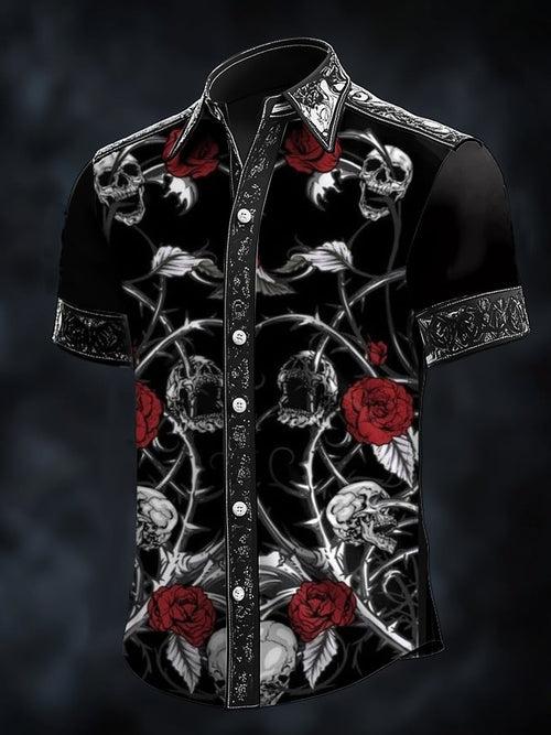 Men's Casual Fashion Dark Pattern Cross Crow Contrast Satin Shirt