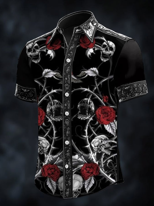 Men's Casual Fashion Dark Pattern Cross Crow Contrast Satin Shirt