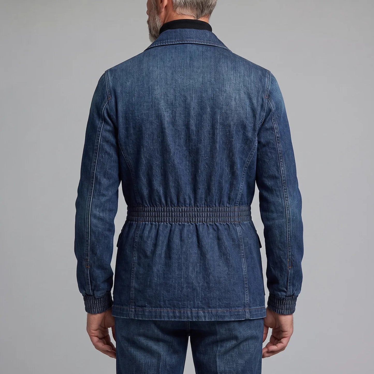 Men's Retro Navy Blue Multi-Pocket Elastic Waist Wash Denim Safari Jacket