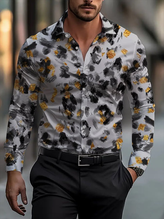 Men's Classic Business Plaid Stripe Print Long Sleeve Shirt