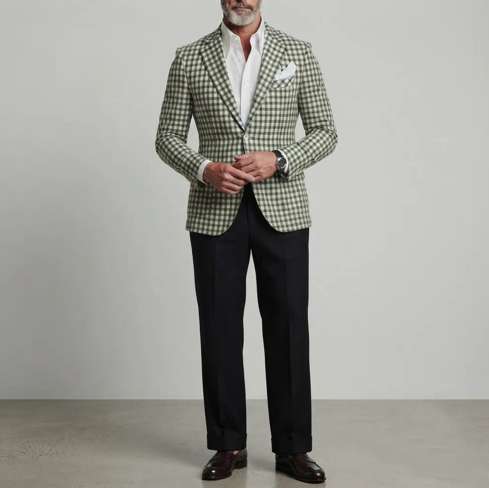 Men's Classic Green Gingham Print Single Breasted Notch Lapel Slim Fit Blazer