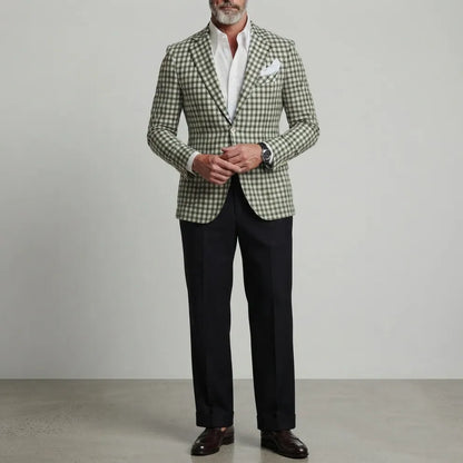 Men's Classic Green Gingham Print Single Breasted Notch Lapel Slim Fit Blazer
